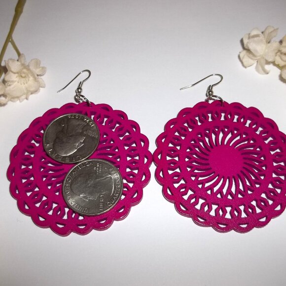 Big Earrings Fuchsia Magenta Pink Wooden Circle Statement Jewelry Drop Set C698 - Picture 2 of 4